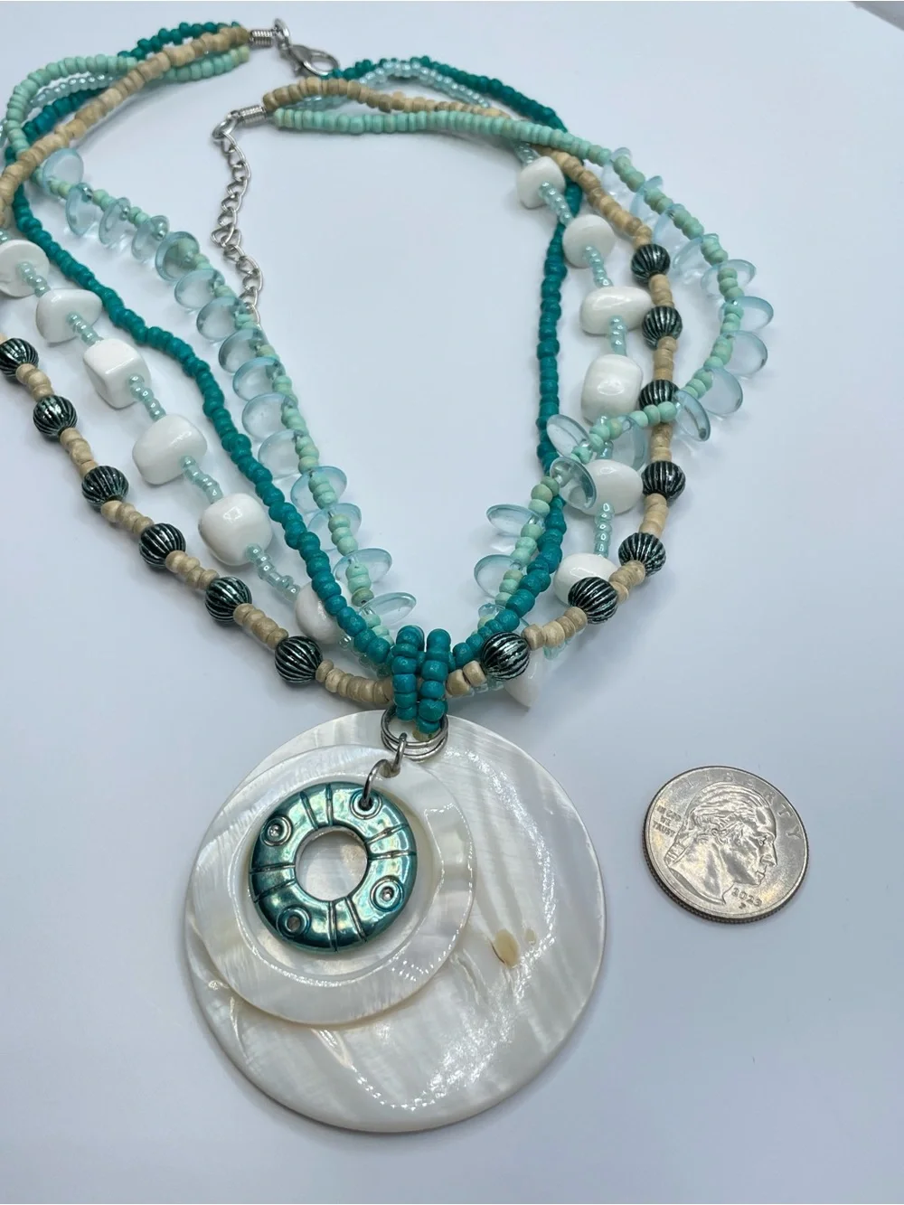 Mother Of Pearl Disc Multi Strand Beaded Beach Statement Necklace Boho Bold